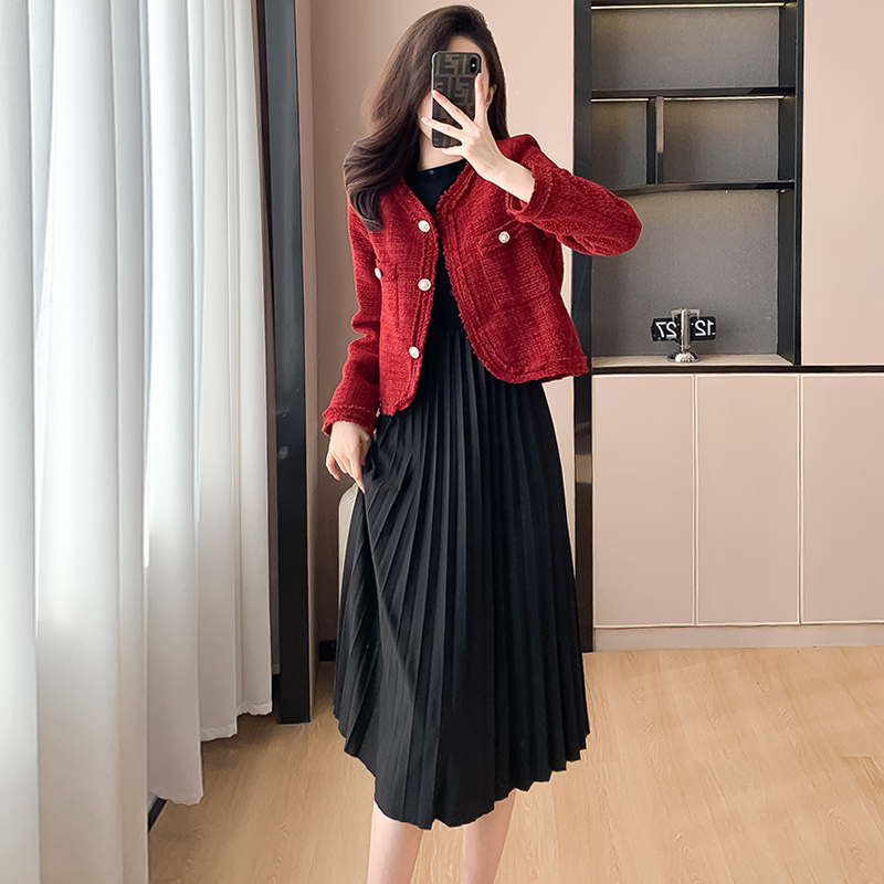 French Retro Round Neck Two-Piece Long Sleeve Dress Set - Image 3