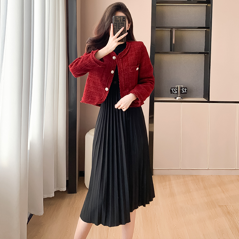 French Retro Round Neck Two-Piece Long Sleeve Dress Set - Image 4