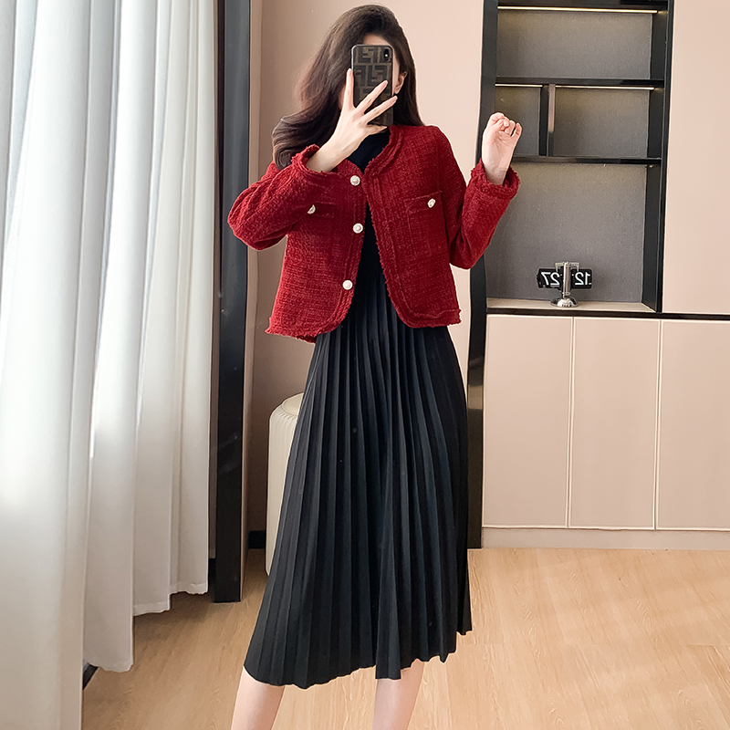 French Retro Round Neck Two-Piece Long Sleeve Dress Set - Image 5