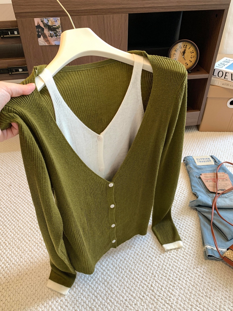 Korean Style Color Block Faux Two Piece V Neck Long Sleeve Knit Cardigan Women 2026 Fall Loose Pullover Sweater Top