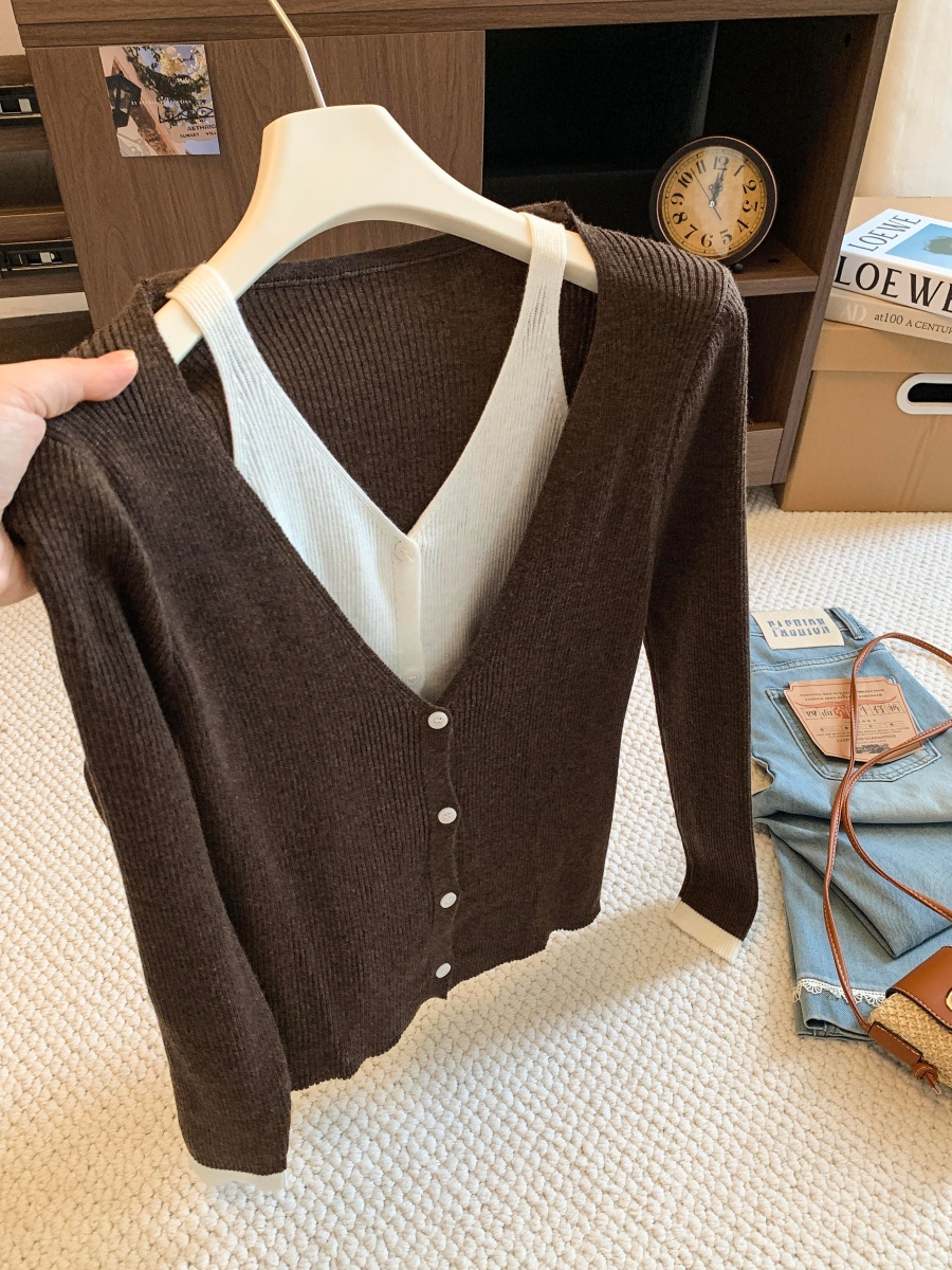 Korean Style Color Block Faux Two Piece V Neck Long Sleeve Knit Cardigan Women 2026 Fall Loose Pullover Sweater Top - Image 2