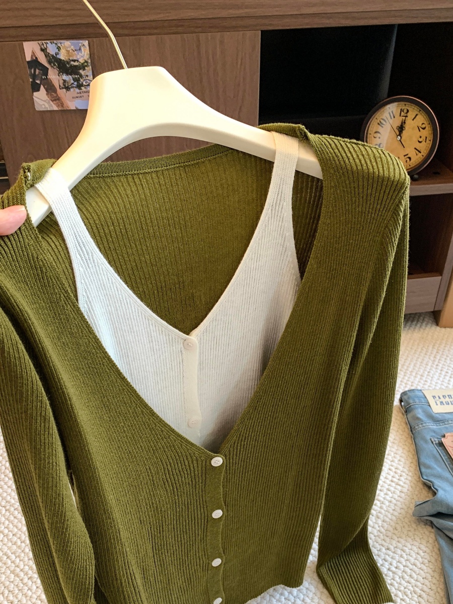 Korean Style Color Block Faux Two Piece V Neck Long Sleeve Knit Cardigan Women 2026 Fall Loose Pullover Sweater Top - Image 4