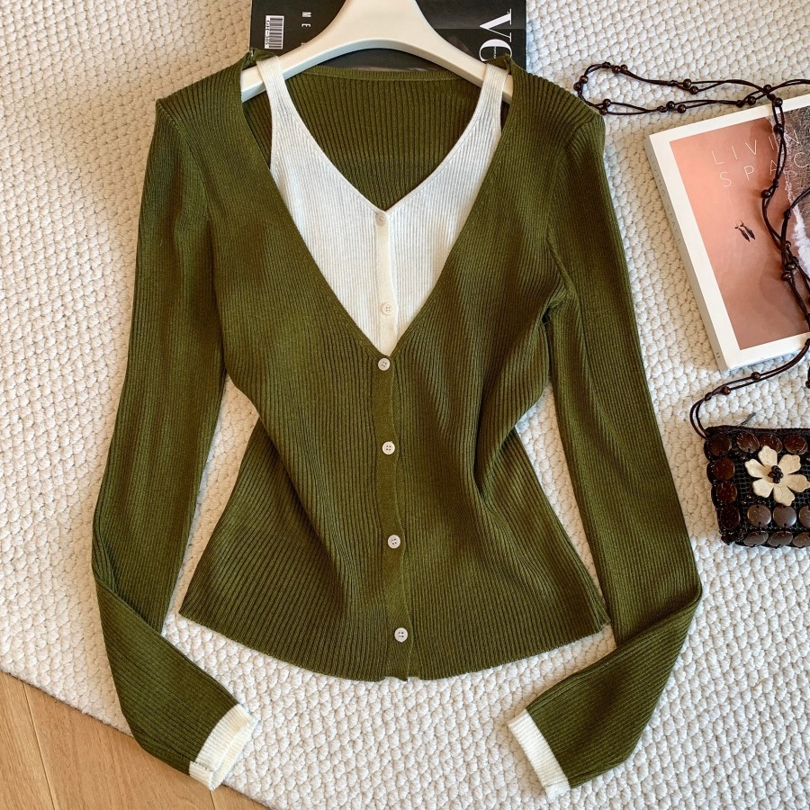 Korean Style Color Block Faux Two Piece V Neck Long Sleeve Knit Cardigan Women 2026 Fall Loose Pullover Sweater Top - Image 5