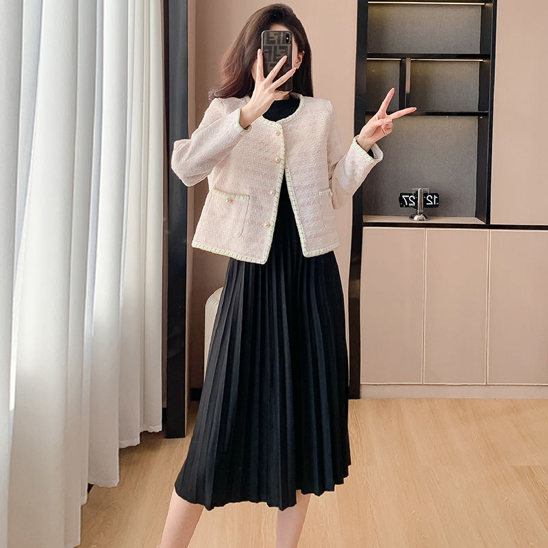 Little Chanel Style Round Neck Coarse Tweed Long Sleeve Short Jacket Two Piece Dress Set