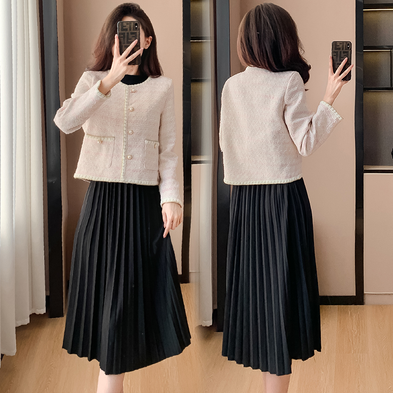 Little Chanel Style Round Neck Coarse Tweed Long Sleeve Short Jacket Two Piece Dress Set - Image 2