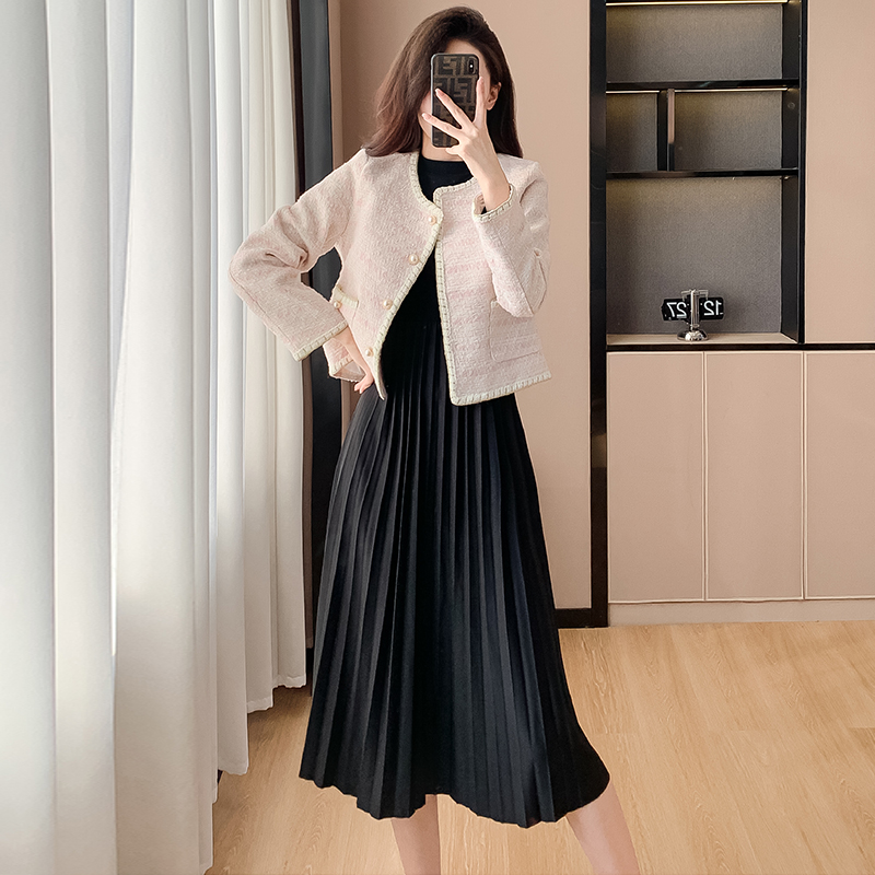 Little Chanel Style Round Neck Coarse Tweed Long Sleeve Short Jacket Two Piece Dress Set - Image 3