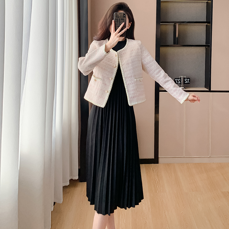 Little Chanel Style Round Neck Coarse Tweed Long Sleeve Short Jacket Two Piece Dress Set - Image 4