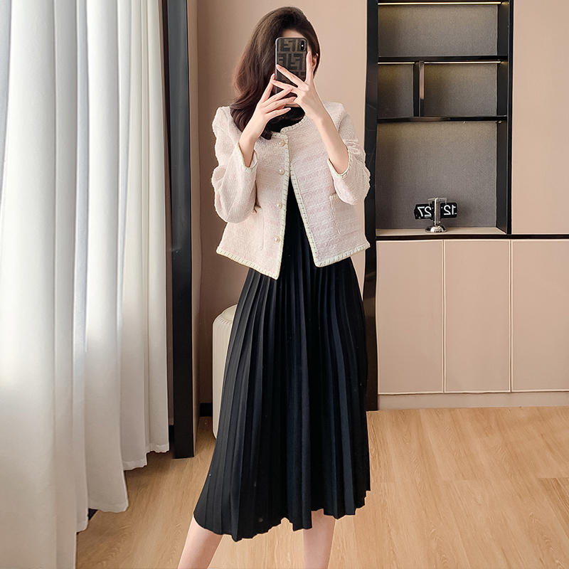 Little Chanel Style Round Neck Coarse Tweed Long Sleeve Short Jacket Two Piece Dress Set - Image 5