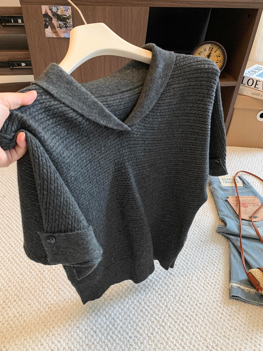 Minimalist Old Money Style Turn-Down Collar Short Sleeve Knit Sweater for Women Loose Slimming Versatile Pullover Top 2026 Fall - Image 2