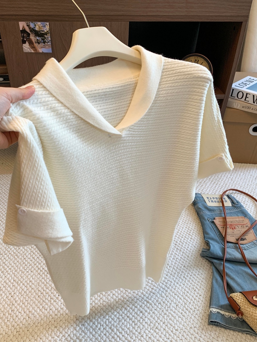 Minimalist Old Money Style Turn-Down Collar Short Sleeve Knit Sweater for Women Loose Slimming Versatile Pullover Top 2026 Fall - Image 3