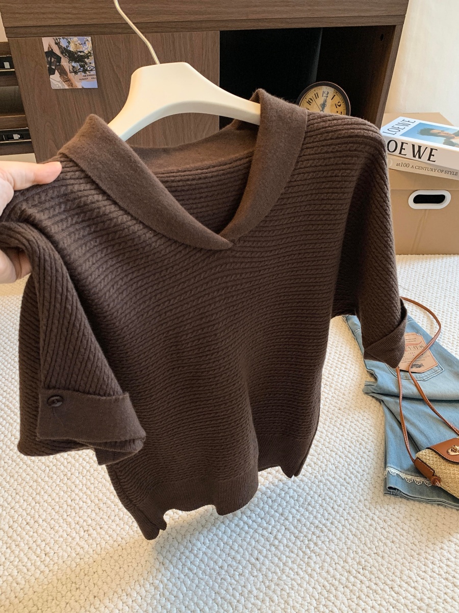 Minimalist Old Money Style Turn-Down Collar Short Sleeve Knit Sweater for Women Loose Slimming Versatile Pullover Top 2026 Fall - Image 4