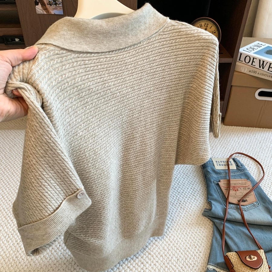 Minimalist Old Money Style Turn-Down Collar Short Sleeve Knit Sweater for Women Loose Slimming Versatile Pullover Top 2026 Fall - Image 5