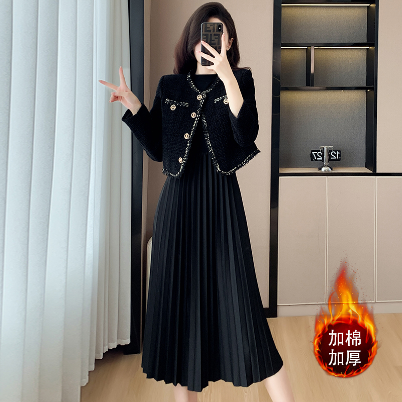Quilted Two-Piece Set Women's French Style Short Pleated Dress