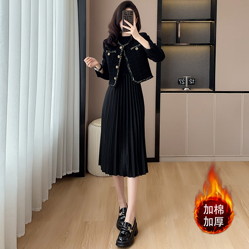 Quilted Two-Piece Set Women's French Style Short Pleated Dress - Image 5
