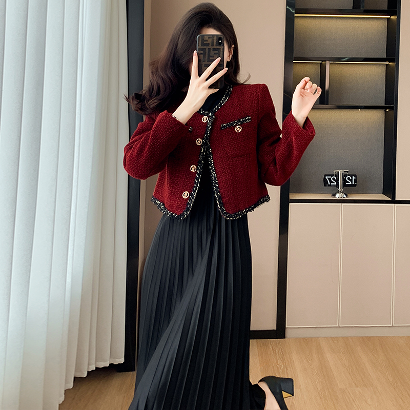 Red Padded Two-Piece Set Women's French Style Short Jacket 2024 Autumn