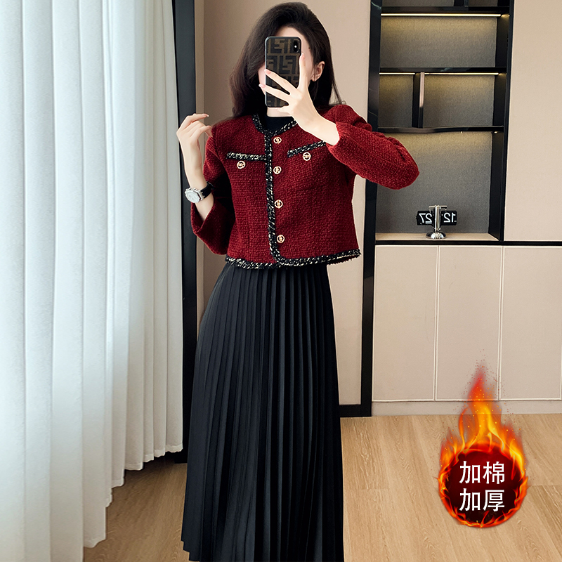 Red Padded Two-Piece Set Women's French Style Short Jacket 2024 Autumn - Image 3