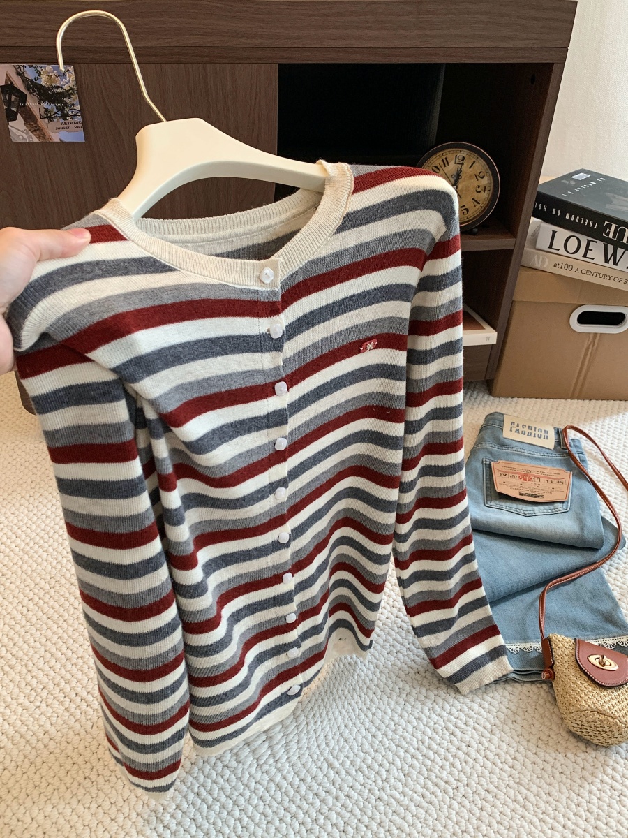 Retro Color Block Striped Knit Cardigan 2026 Fall Loose Fit Long Sleeve Women's Sweater