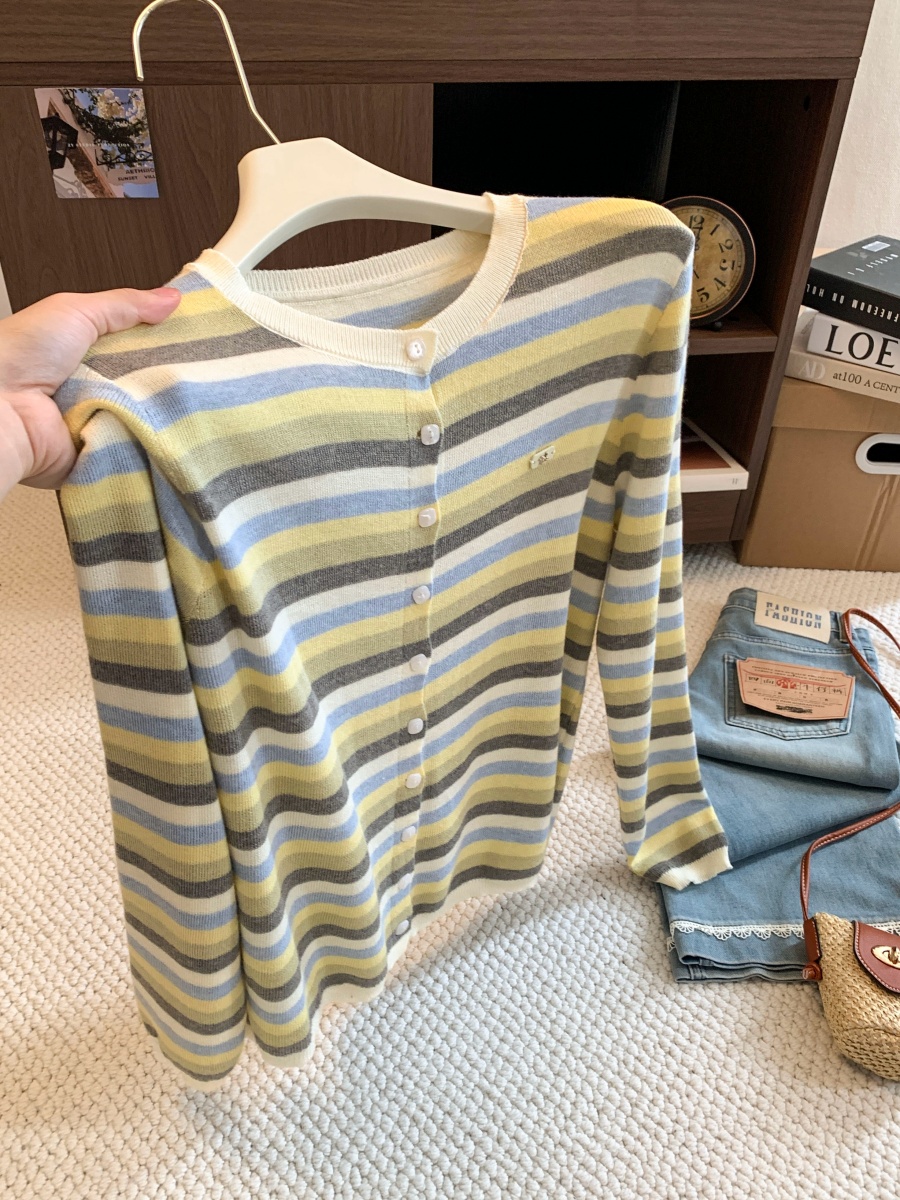 Retro Color Block Striped Knit Cardigan 2026 Fall Loose Fit Long Sleeve Women's Sweater - Image 2
