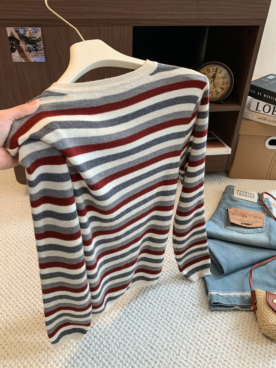 Retro Color Block Striped Knit Cardigan 2026 Fall Loose Fit Long Sleeve Women's Sweater - Image 3