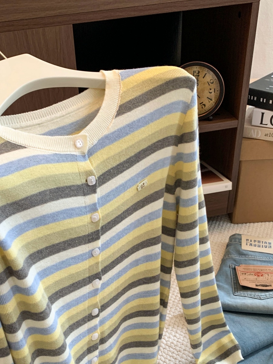 Retro Color Block Striped Knit Cardigan 2026 Fall Loose Fit Long Sleeve Women's Sweater - Image 4