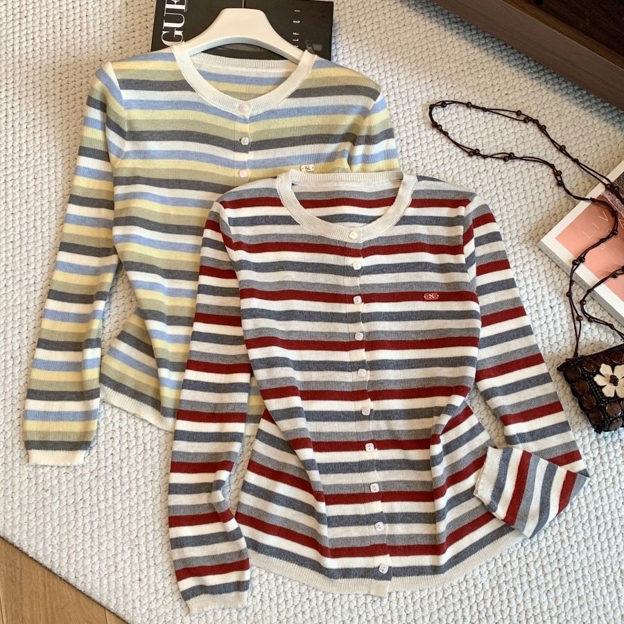 Retro Color Block Striped Knit Cardigan 2026 Fall Loose Fit Long Sleeve Women's Sweater - Image 5