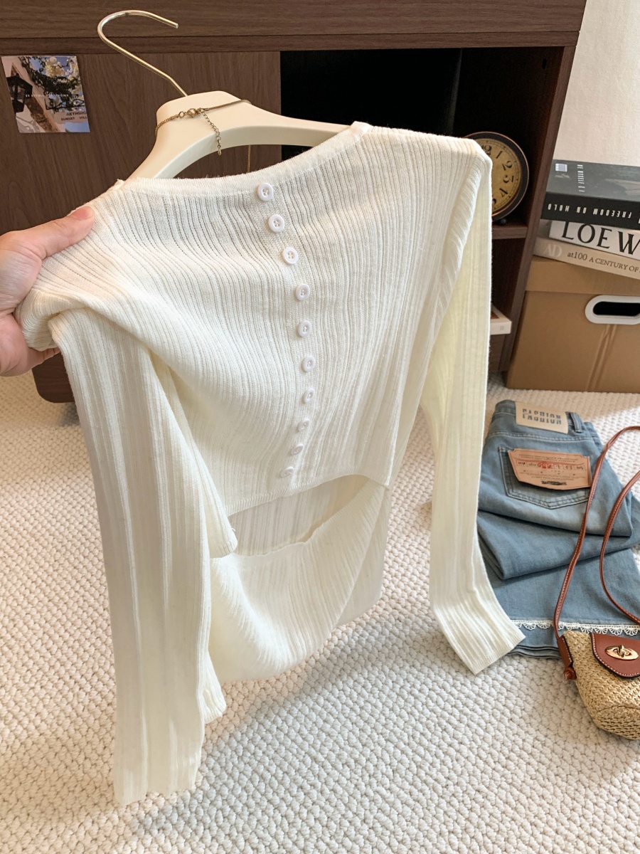 Women's Ribbed Slim Knit Top with Back Cutout and Buttons 2026 Early Autumn - Image 3