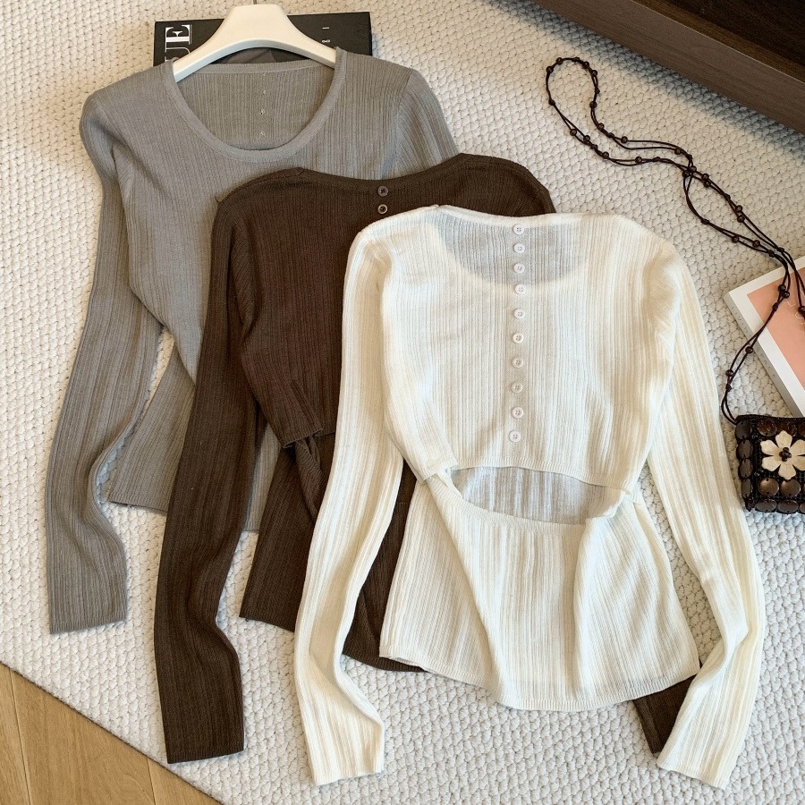 Women's Ribbed Slim Knit Top with Back Cutout and Buttons 2026 Early Autumn - Image 5