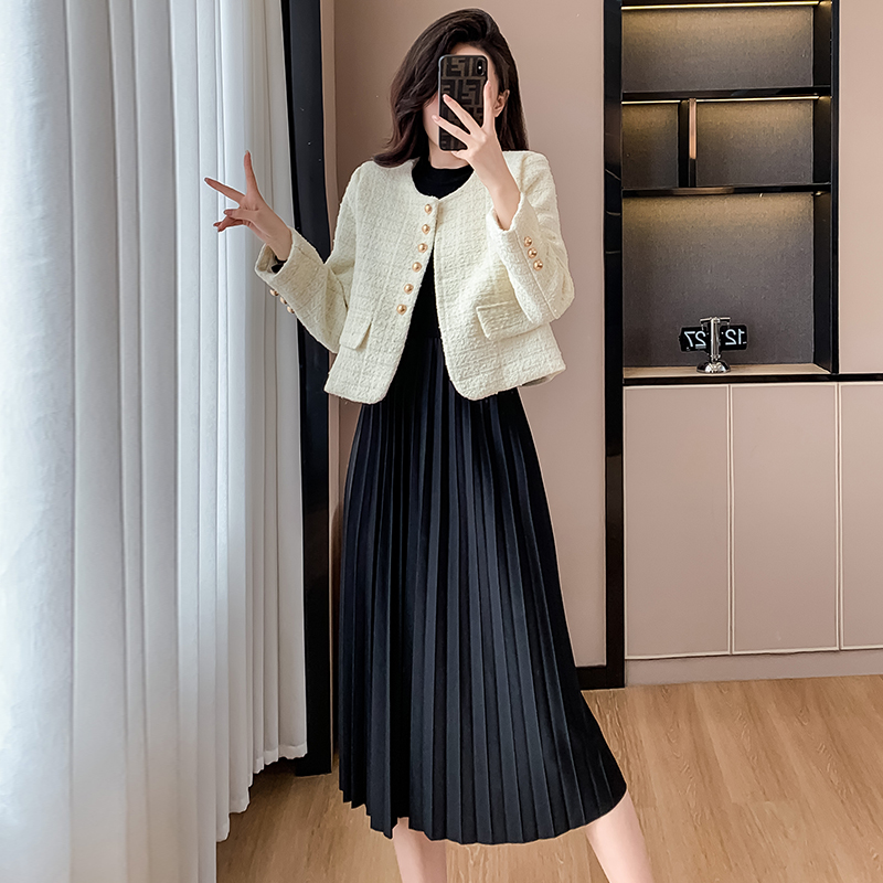 Women's Two-Piece Dress Set with Short Blazer Jacket - French Style Pleated Midi Dress