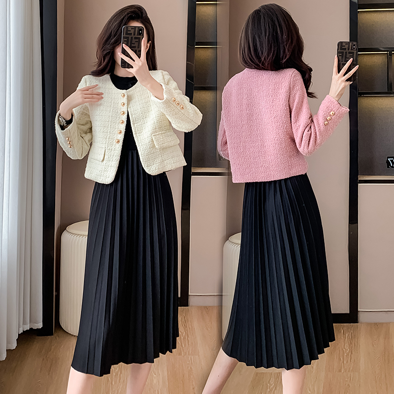 Women's Two-Piece Dress Set with Short Blazer Jacket - French Style Pleated Midi Dress - Image 2