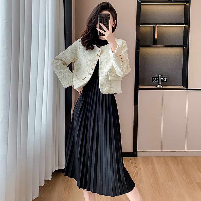 Women's Two-Piece Dress Set with Short Blazer Jacket - French Style Pleated Midi Dress - Image 3