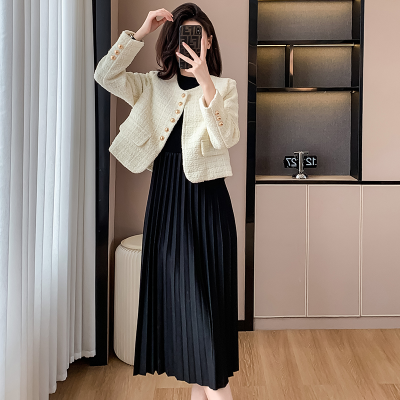 Women's Two-Piece Dress Set with Short Blazer Jacket - French Style Pleated Midi Dress - Image 4