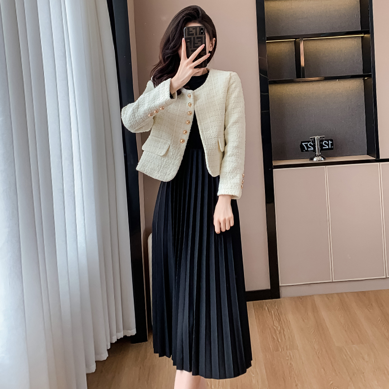 Women's Two-Piece Dress Set with Short Blazer Jacket - French Style Pleated Midi Dress - Image 5