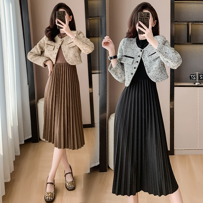 Women's Two-Piece Dress Set with Tweed Jacket and Pleated Skirt - Image 2