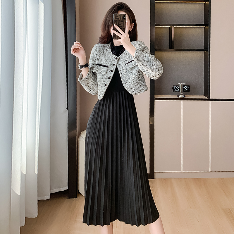 Women's Two-Piece Dress Set with Tweed Jacket and Pleated Skirt - Image 3